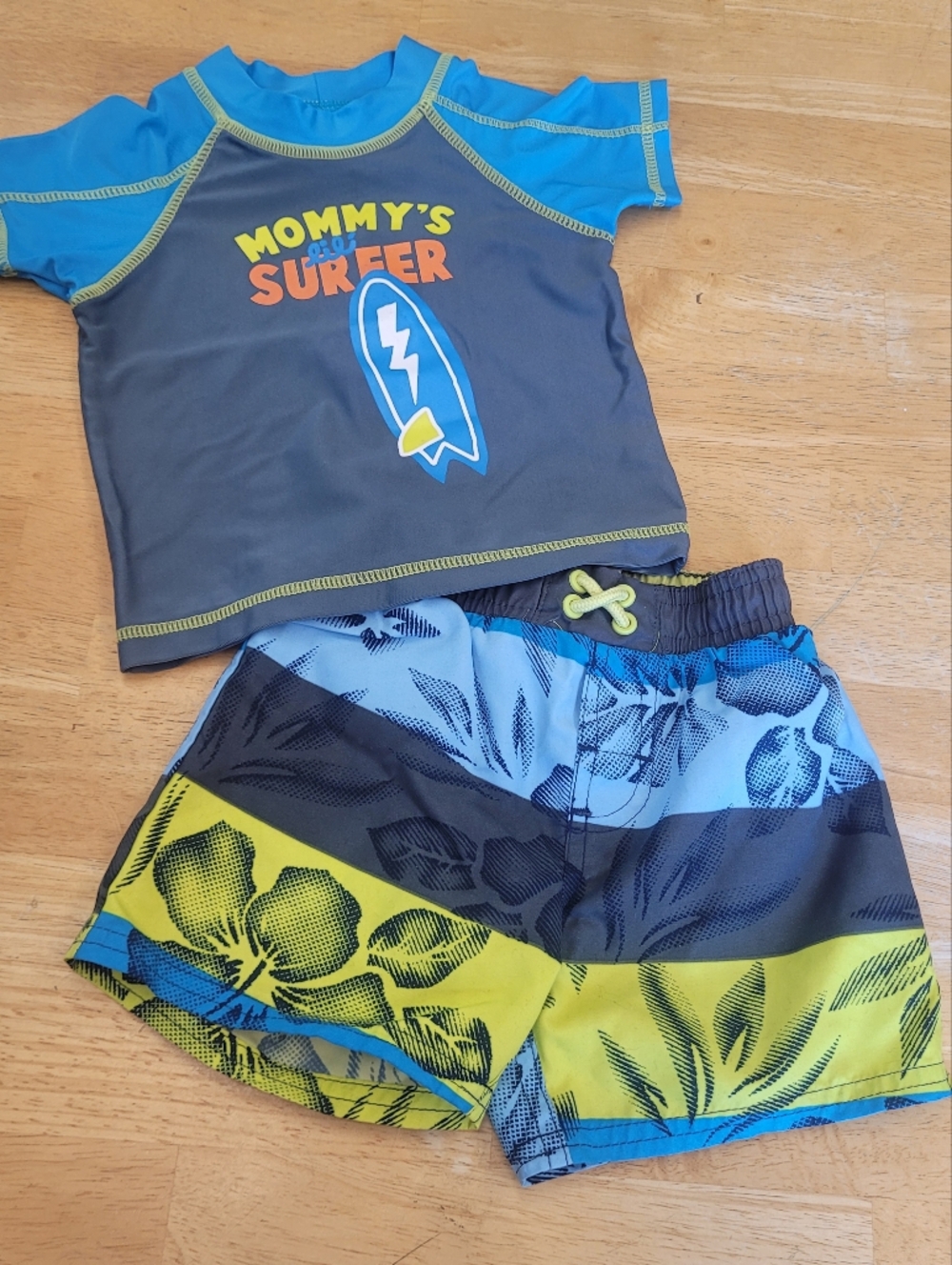Toddler Swim Trunks Rash Guard Blue Yellow Surfer Tropical Carters 12 Months